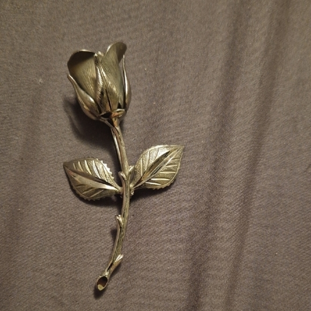 Rose Long Stem  Brooch Pin Silver Tone Metal 2.5"